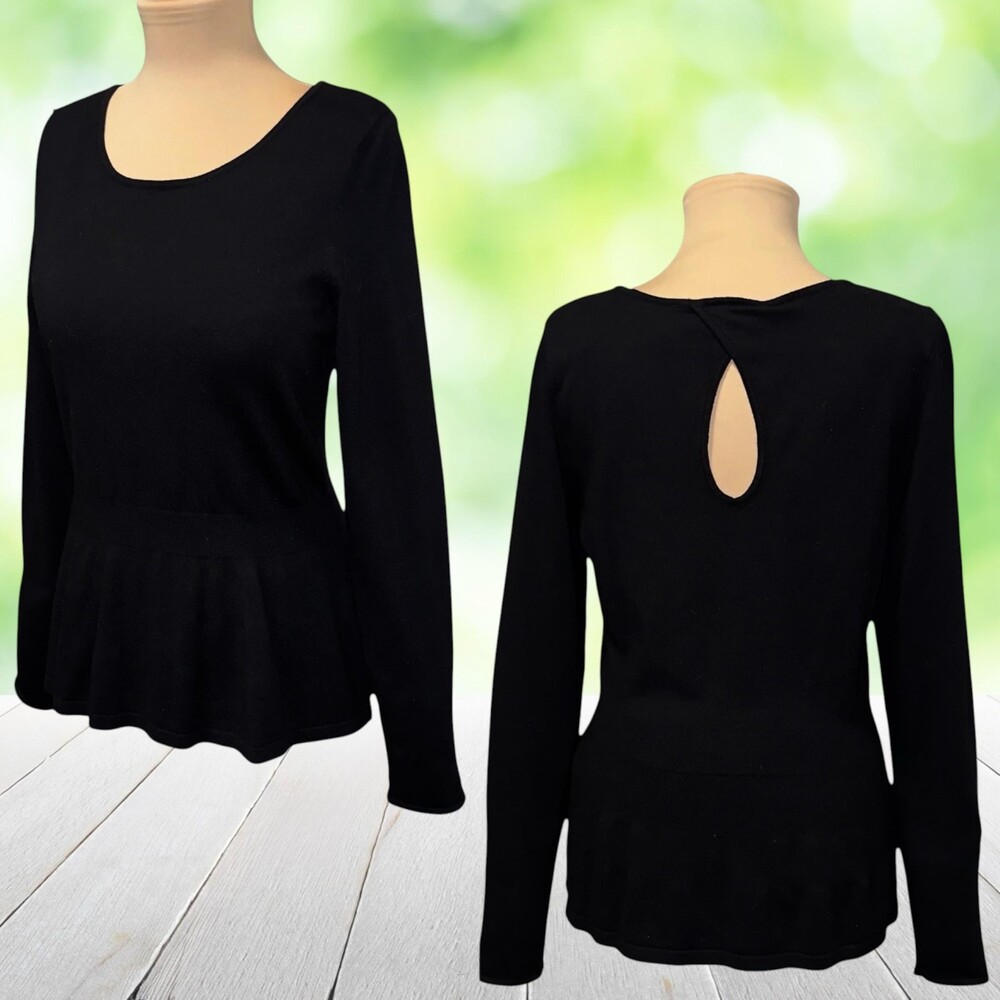New WHBM Peplum Sweater Keyhole Back Balletcore Stretch Knit Black Size S